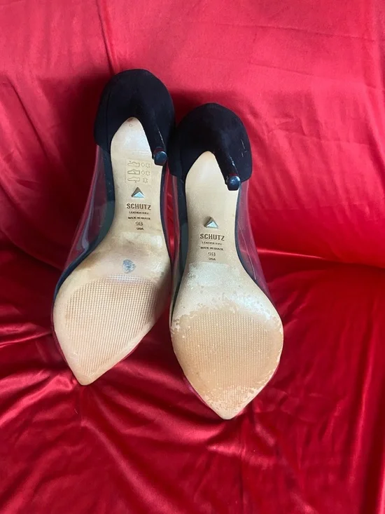 SCHUTZ Red Suede and Black Clear-Panel Stilettos - Picture 4 of 6